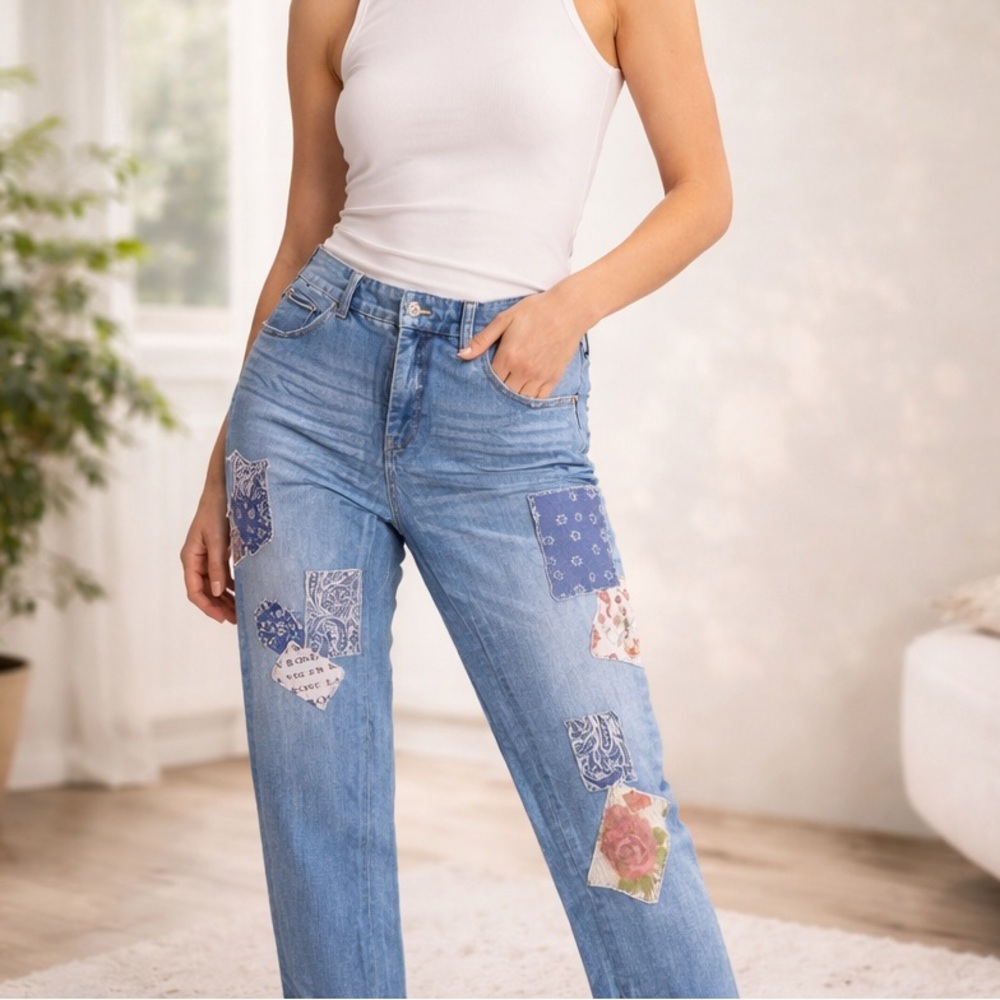 Vintage‎ Inspired Patchwork Light Wash Jeans Boho Floral Denim Size 6